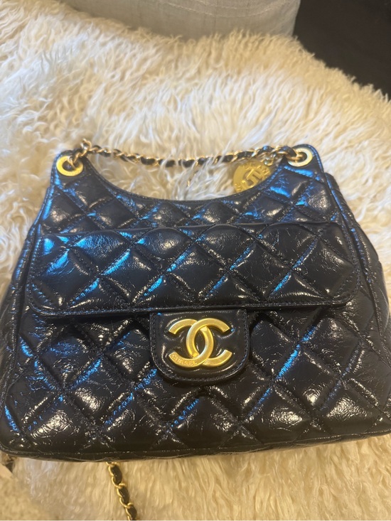 CHANEL Handbags - CHANEL Black Quilted Patent Leather Crossbody with Gold Chain & CC Turnlock